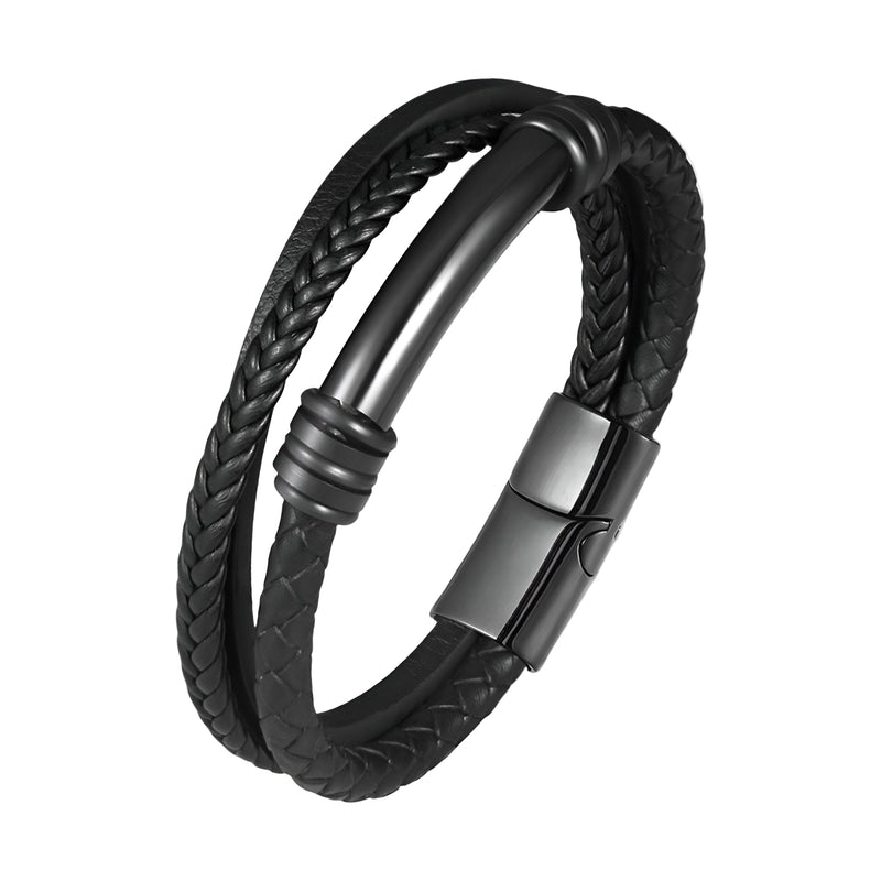 Bracelet homme noir en cuir tressé avec fermoir magnétique métallique mat.