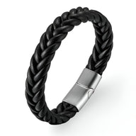 Bracelet homme en cuir noir torsadé avec fermoir métallique argenté mat.