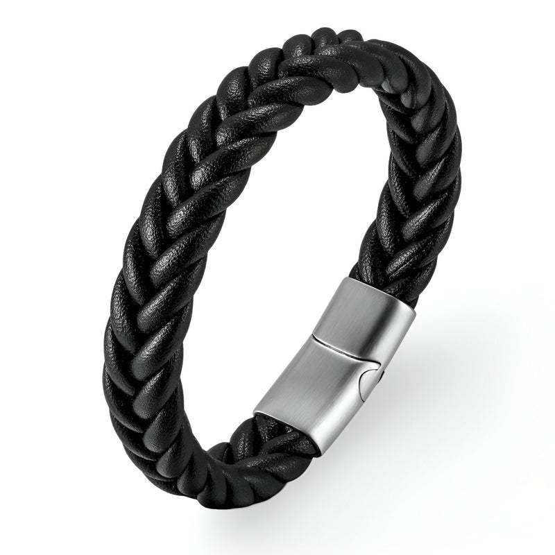 Bracelet homme en cuir noir torsadé avec fermoir métallique argenté mat.