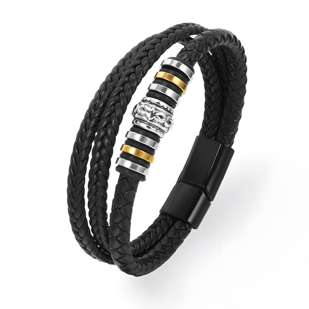 Bracelet homme en cuir noir tressé double tour avec motif métallique argent et or, fermoir noir magnétique.