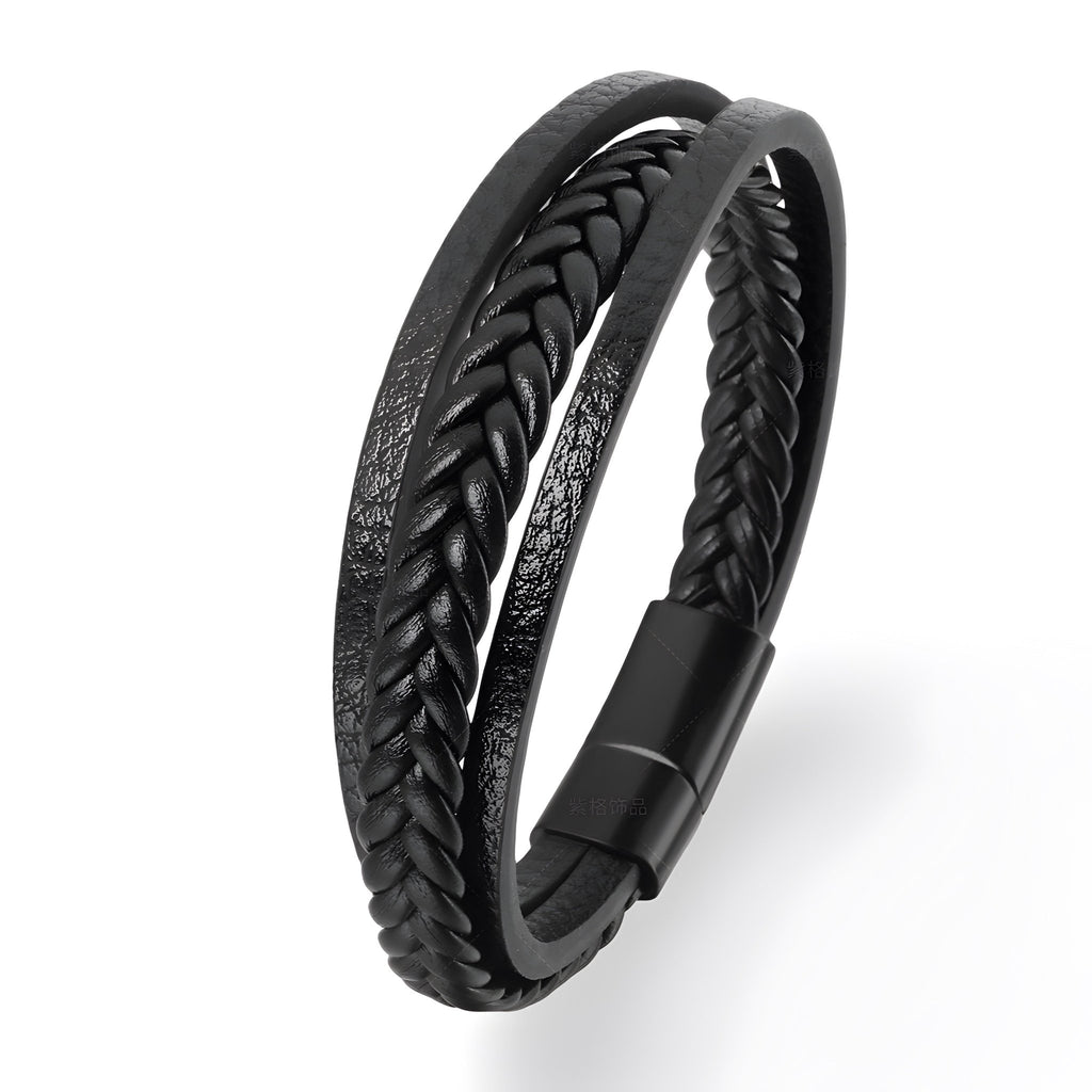 Bracelet homme noir en cuir tressé avec fermoir magnétique noir mat.