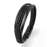 Bracelet homme noir en cuir tressé avec fermoir magnétique noir mat.
