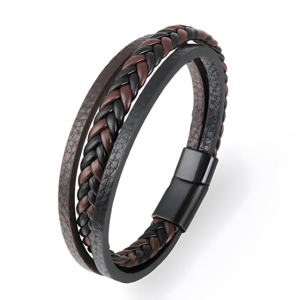 Bracelet en cuir tressé marron et noir avec fermeture magnétique noire, style moderne et masculin.