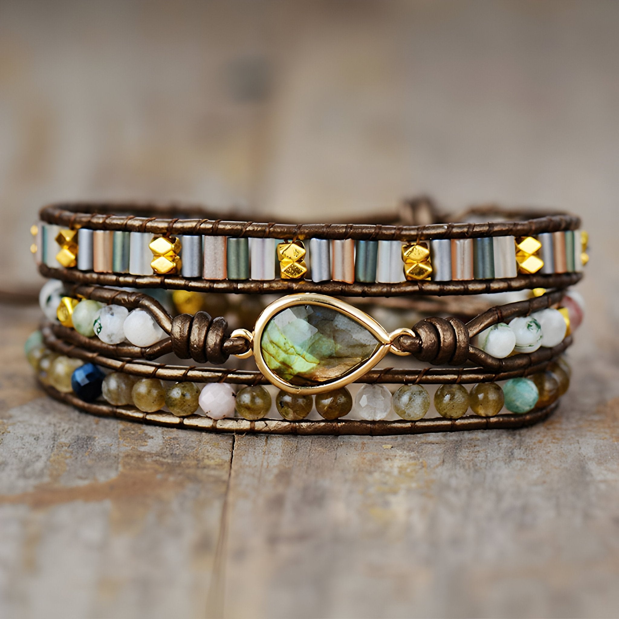 Bracelet en labradorite et strass pour femme, multi-rangs, modèle Ava - La Boutique du Bracelet