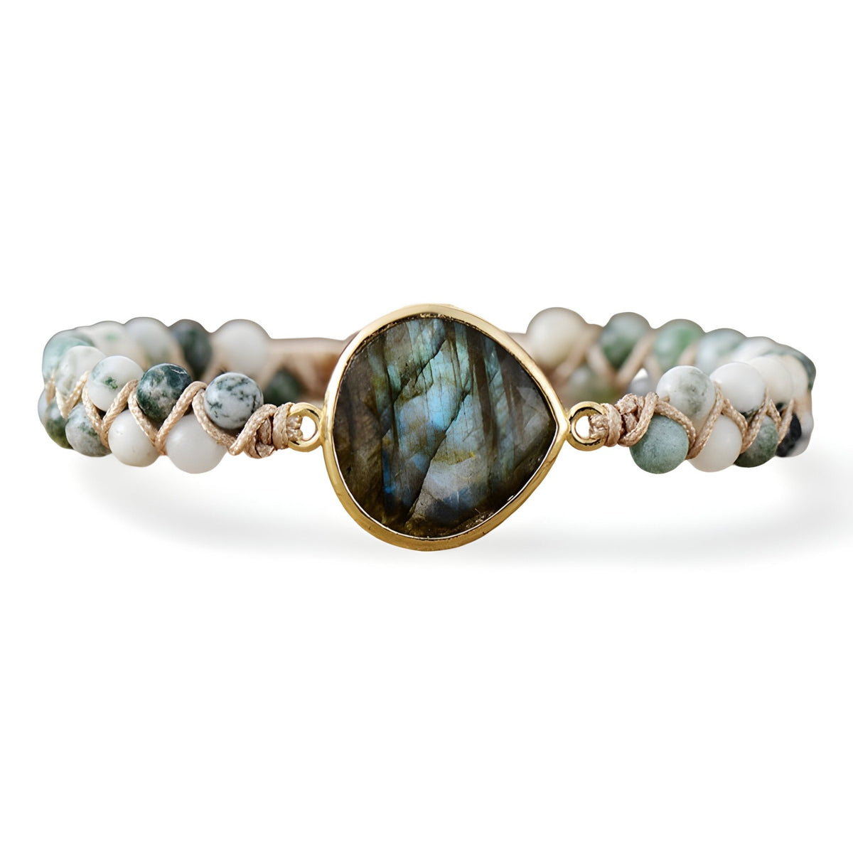 Bracelet femme multi-rangs avec pierres naturelles bleu-gris et blanche, pendentif labradorite serti or.