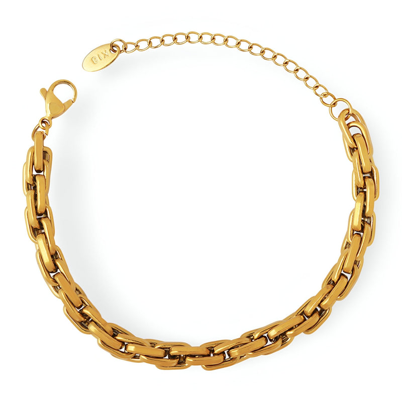 Bracelet chaîne épaisse en titane doré à l’or 18 carats avec fermoir mousqueton et chaîne réglable.