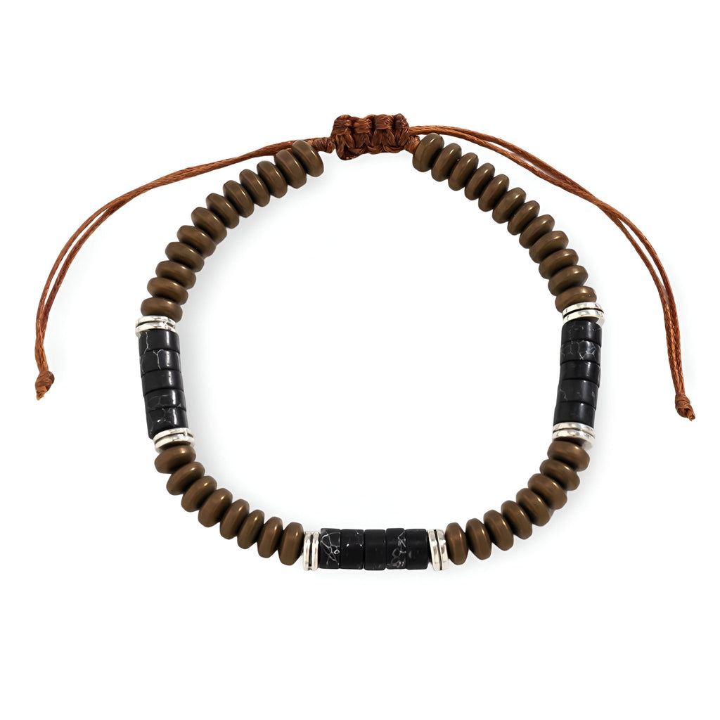 Bracelet homme en perles de bois marron avec insertions de pierre turquoise noire et liens ajustables en corde marron.