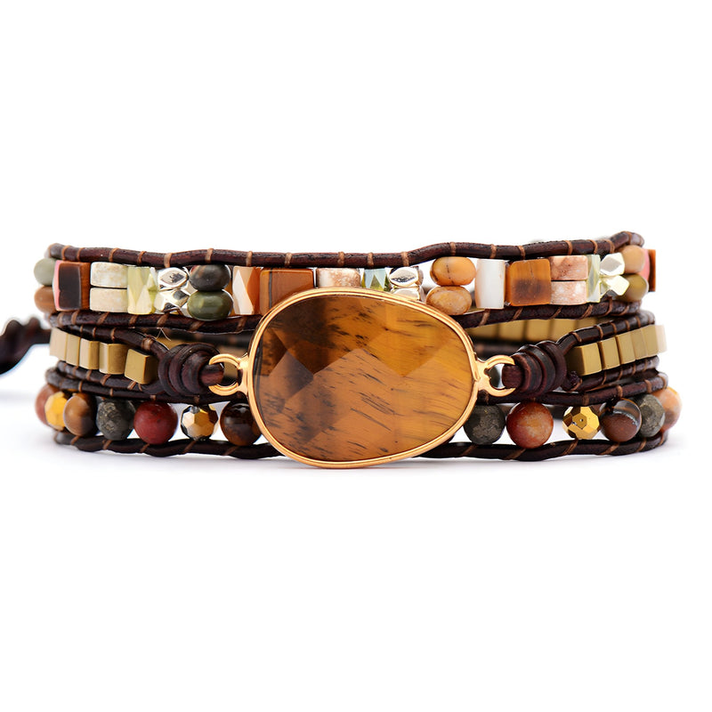 Bracelet multi-rangs marron en pierres naturelles avec large pierre œil de tigre centrale et perles de jaspe.