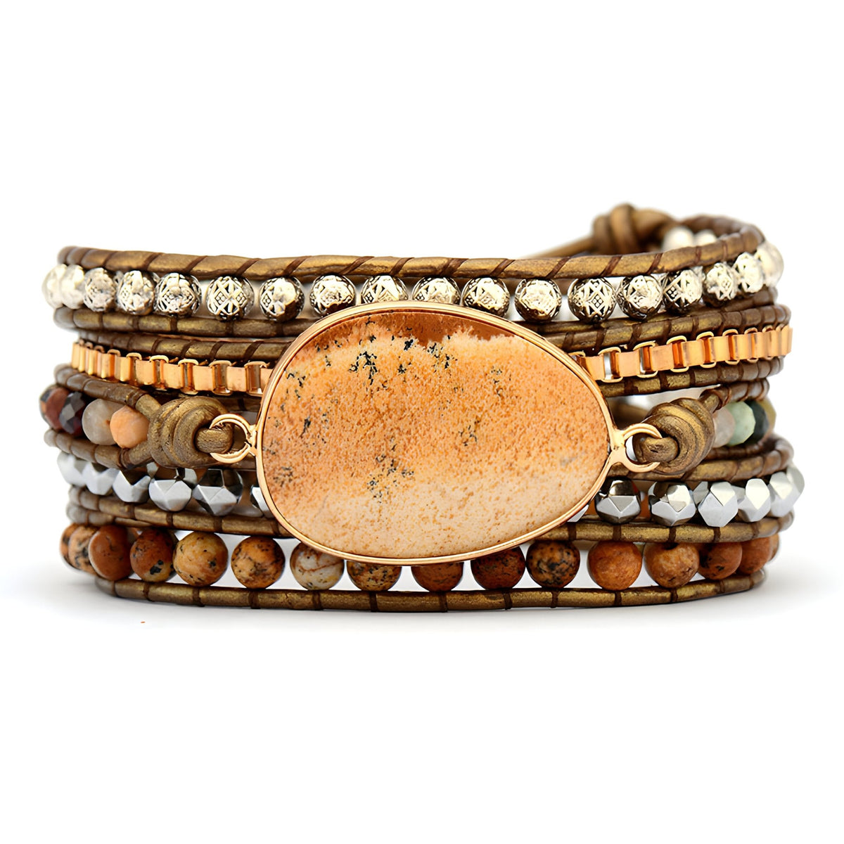 Bracelet multi-rangs femme en pierres naturelles oeil de tigre, jaspe et métal doré avec pierre centrale ovale beige.