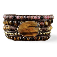 Bracelet multi-rangs pour femme en pierres naturelles d’œil de tigre et rhodonite marron et rose avec perles dorées.