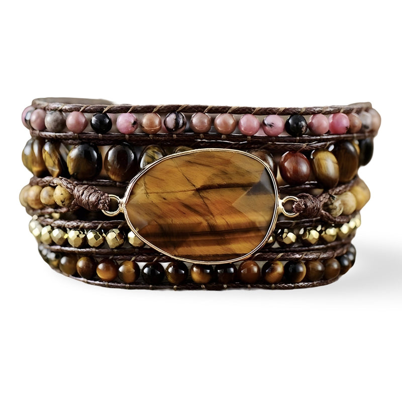 Bracelet multi-rangs pour femme en pierres naturelles d’œil de tigre et rhodonite marron et rose avec perles dorées.