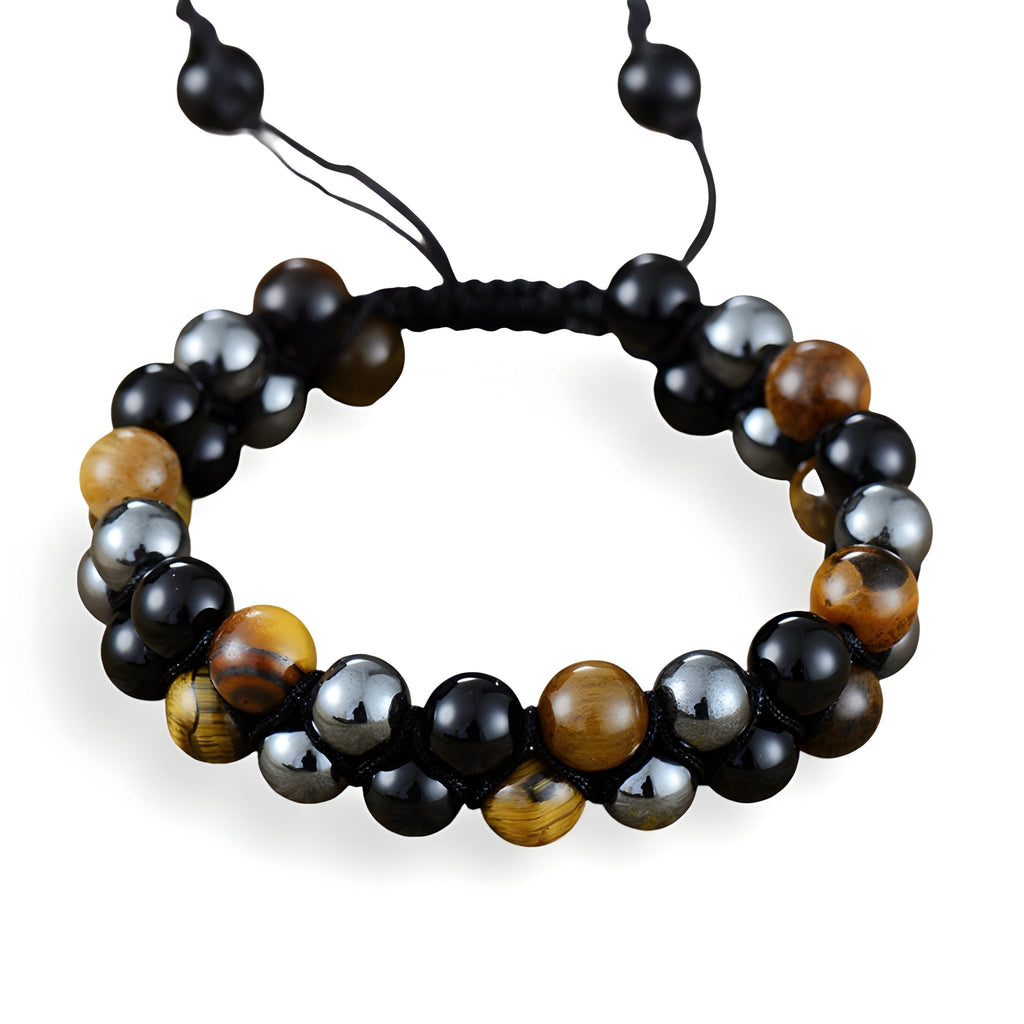Bracelet homme perles œil de tigre, hématite noire et shaligram finition macramé noire.