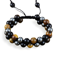 Bracelet homme perles œil de tigre, hématite noire et shaligram finition macramé noire.