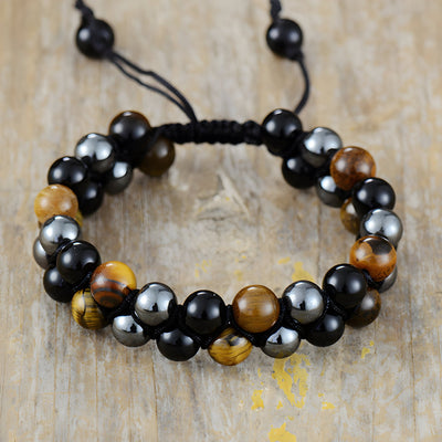 Bracelet homme perles oeil de tigre, hématite noire et shaligram, design tressé réglable.