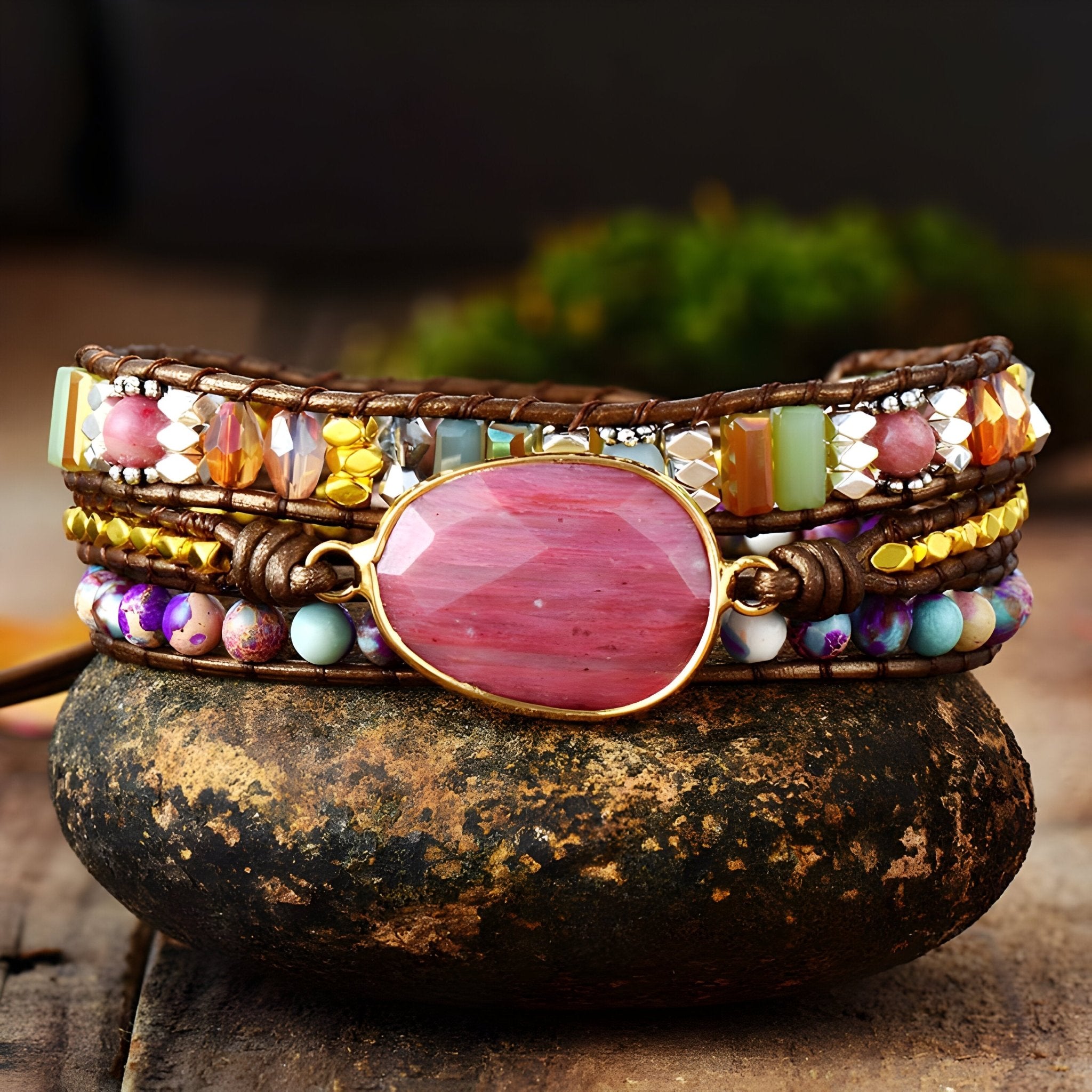 Bracelet en rhodonite pour femme, complété par des pierres de jaspe, modèle Orla - La Boutique du Bracelet