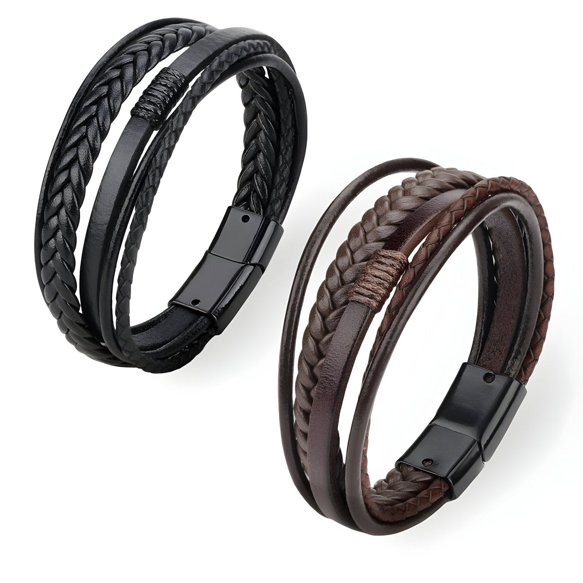Bracelet multi-rangs en cuir tressé noir avec fermoir magnétique noir  .