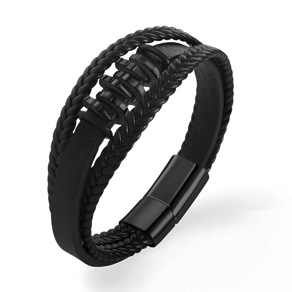 Bracelet homme multi-rangs en cuir noir avec motif ondulations et fermoir magnétique noir mat.