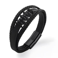 Bracelet homme multi-rangs en cuir noir avec motif ondulations et fermoir magnétique noir mat.