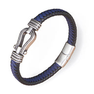 Bracelet homme tressé bleu avec boucle et fermoir en acier argenté élégant.
