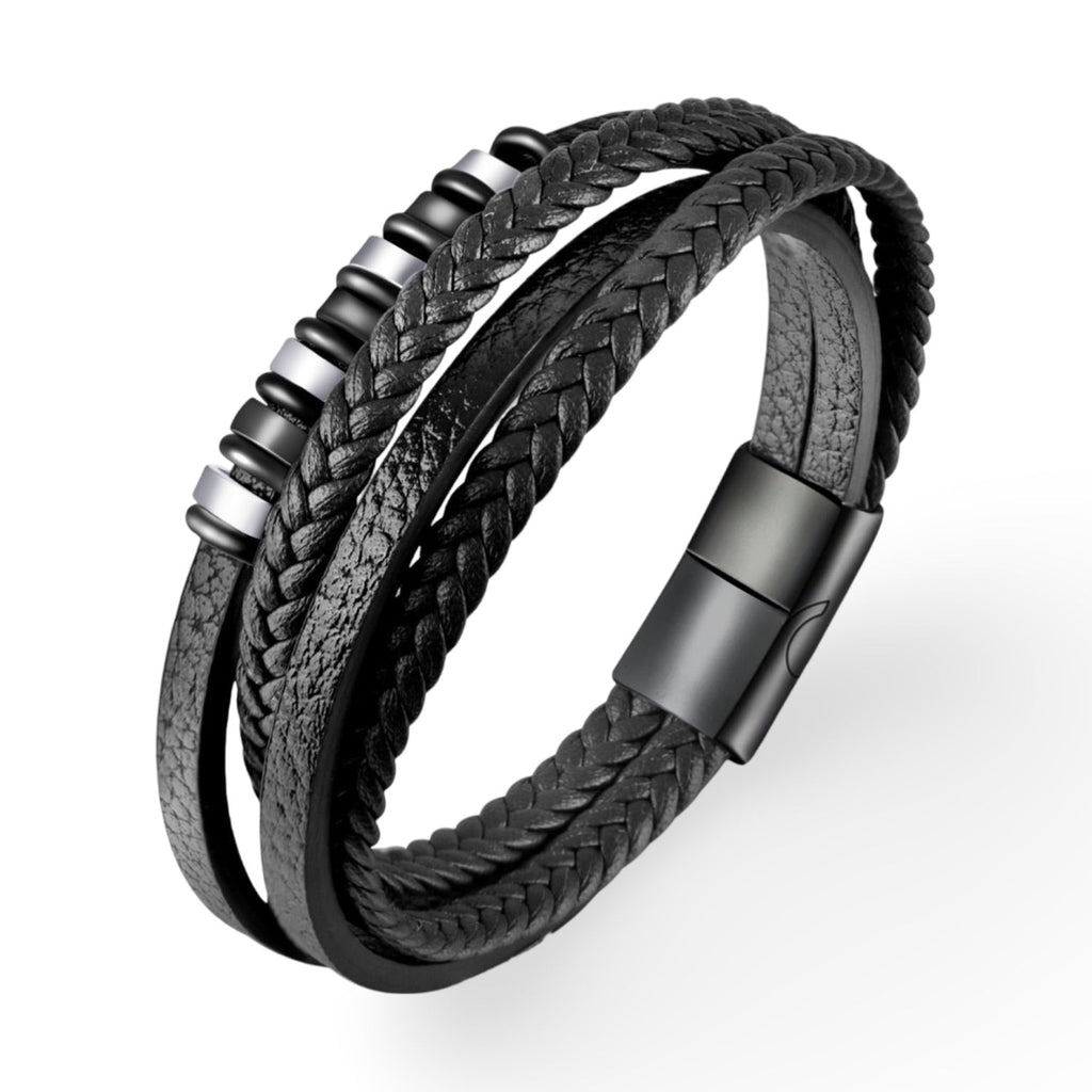 Bracelet multi-rangs noir avec perles en acier inoxydable et fermoir magnétique mat.