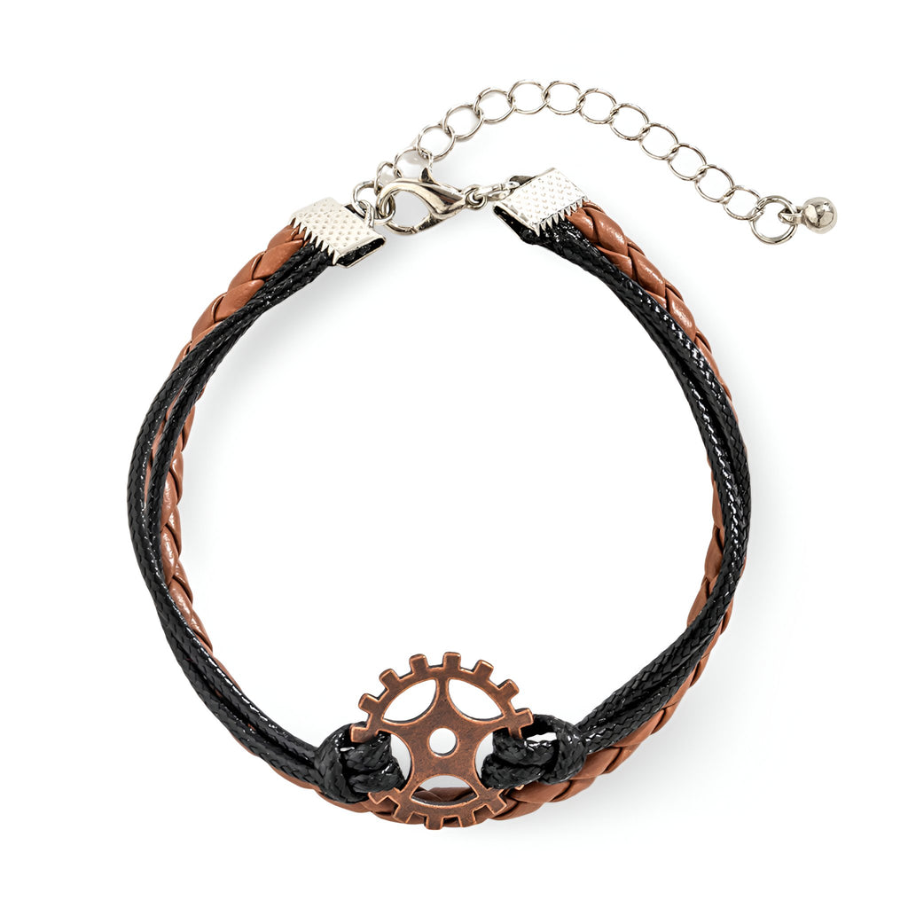 Bracelet multi-rangs homme cuir marron et noir avec gouvernail en métal couleur bronze.