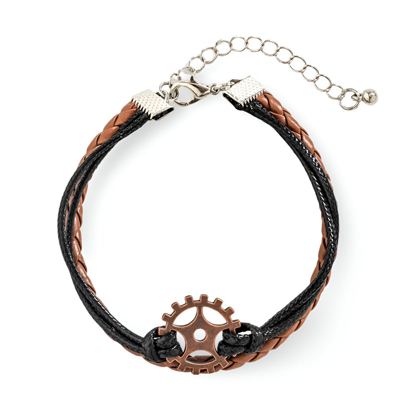 Bracelet multi-rangs homme cuir marron et noir avec gouvernail en métal couleur bronze.