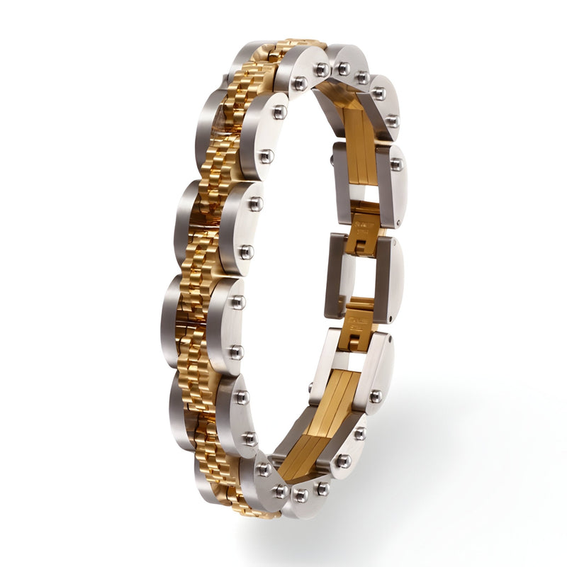 Bracelet pour homme en titane et acier inoxydable bicolore argent et or avec maillons texturés et finition polie brillante.