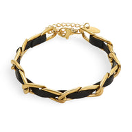Bracelet plaqué or en titane avec cordelette en cuir noir entrelacée, modèle Constance.