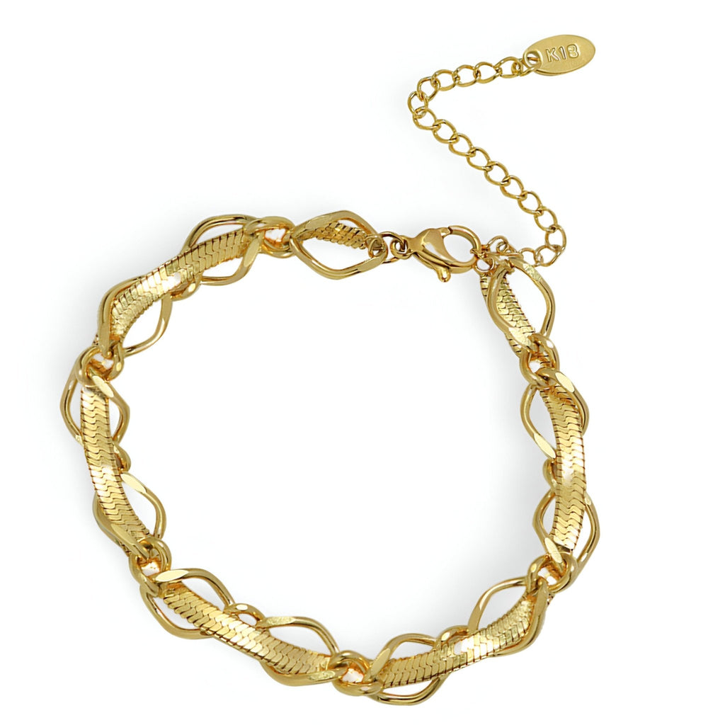 Bracelet femme en titane plaqué or 18 carats à double maille ondulée avec fermoir et chaînette ajustable.