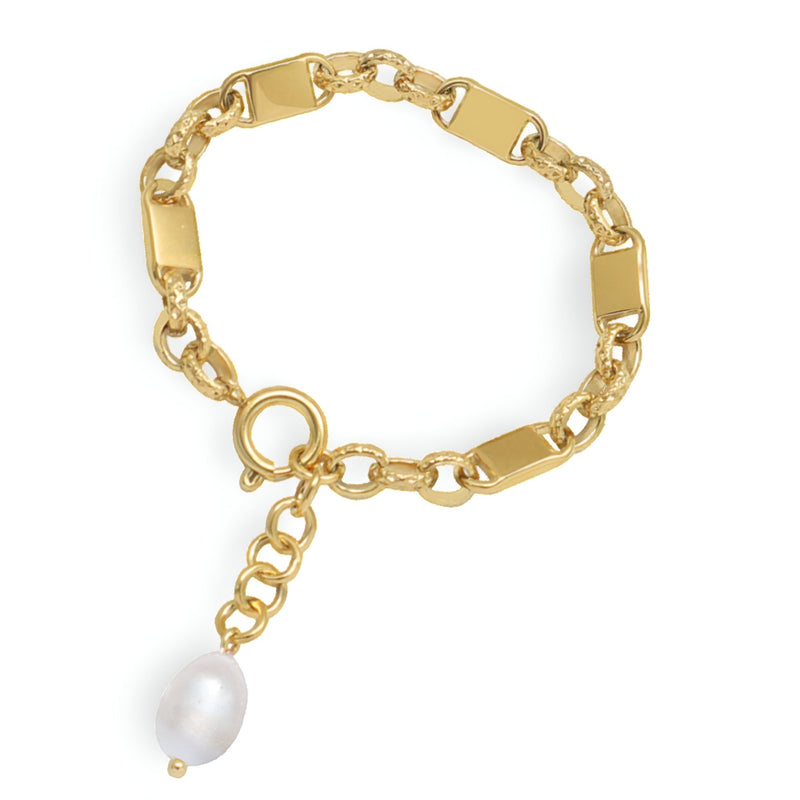 Bracelet en titane plaqué or 18 carats avec chaîne à maillons larges et perle naturelle pendante blanche.
