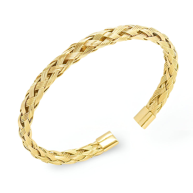 Bracelet manchette en titane plaqué or 18 carats, maille spiga tressée fine et brillante.