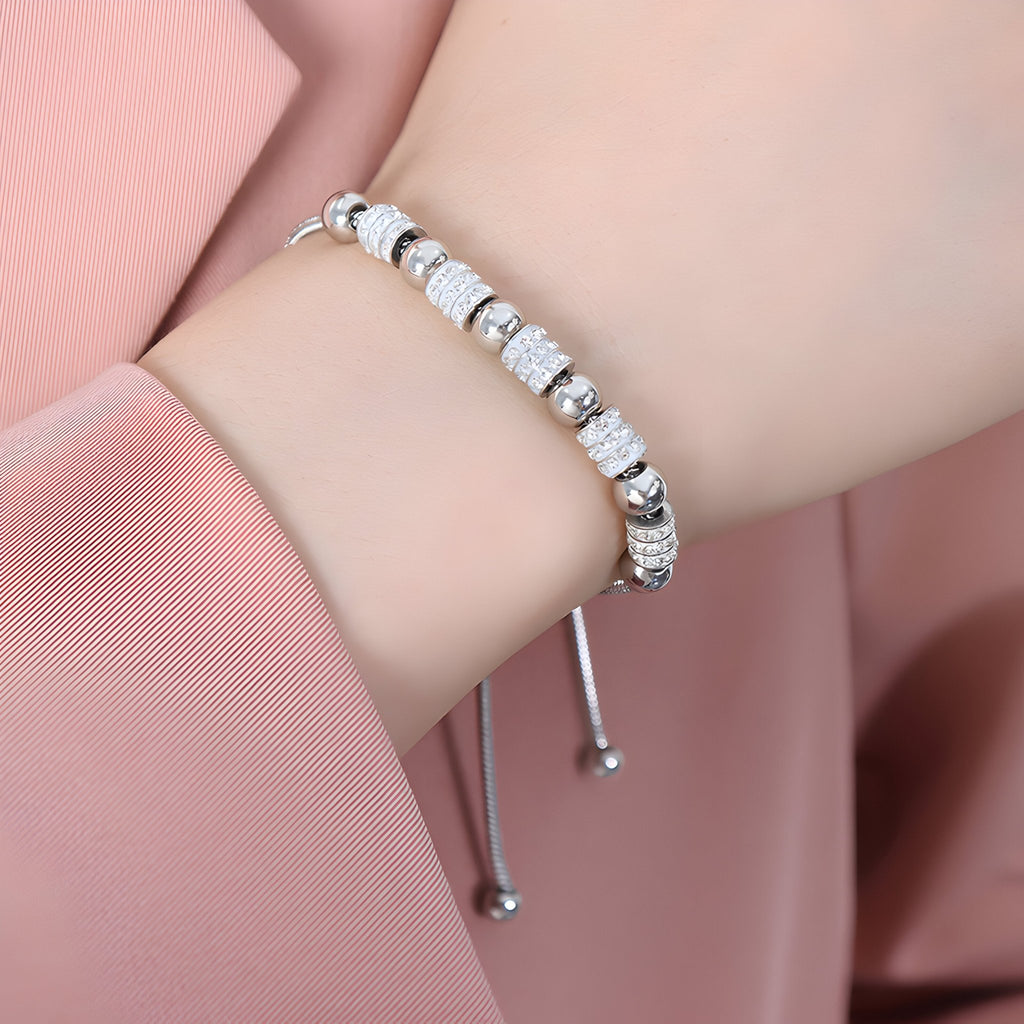 Bracelet en titane argenté orné de perles dorées et pierres de cristal scintillantes, modèle Nancy.