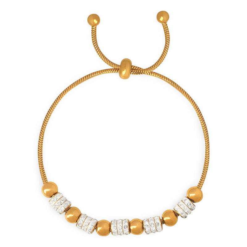 Bracelet en titane plaqué or réglable avec perles dorées et pierres de cristal étincelantes.