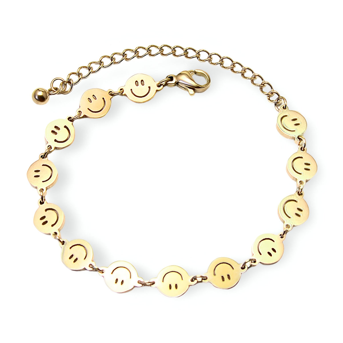 Bracelet en titane plaqué or avec motifs smileys ronds et fermoir mousqueton, modèle Dania.