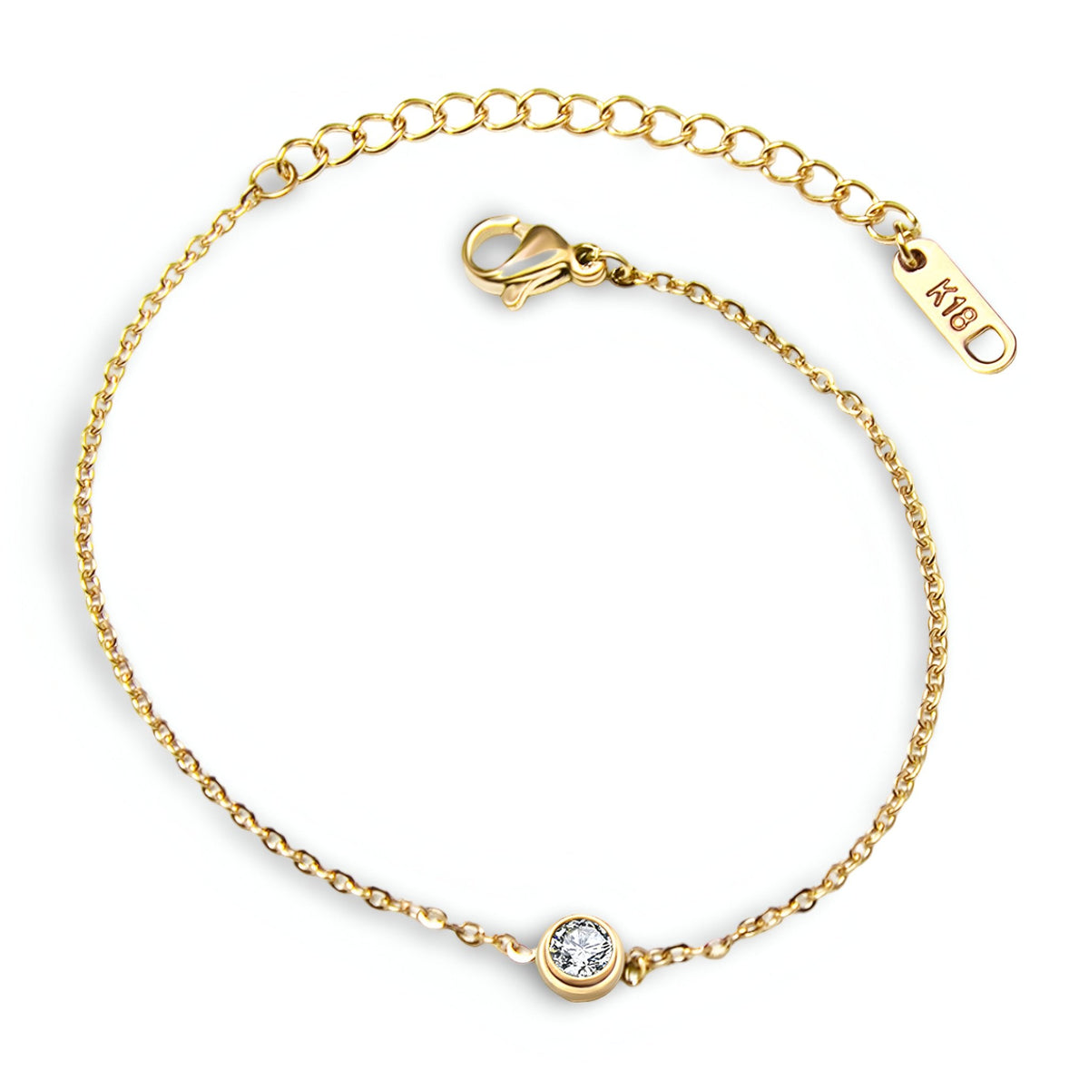 Bracelet fin en titane plaqué or avec diamant central, chaîne délicate et fermoir mousqueton.