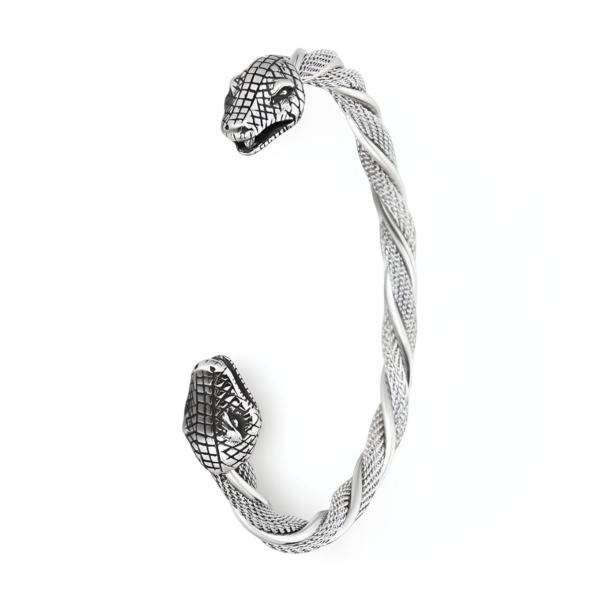 Bracelet jonc argent en acier inoxydable torsadé à double têtes de serpent texturées.