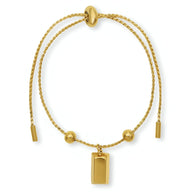 Bracelet jonc réglable en titane plaqué or 18 carats avec pendentif rectangulaire brique et perles rondes.