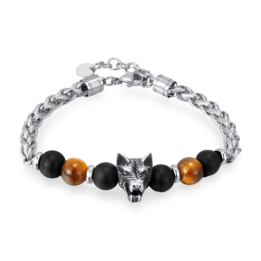 Bracelet homme argenté avec tête de loup en métal et perles œil de tigre marron et noires mattes.