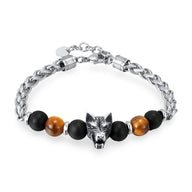 Bracelet homme argenté avec tête de loup en métal et perles œil de tigre marron et noires mattes.