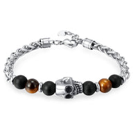 Bracelet homme en acier avec tête de mort et perles en œil de tigre marron et noir mat.