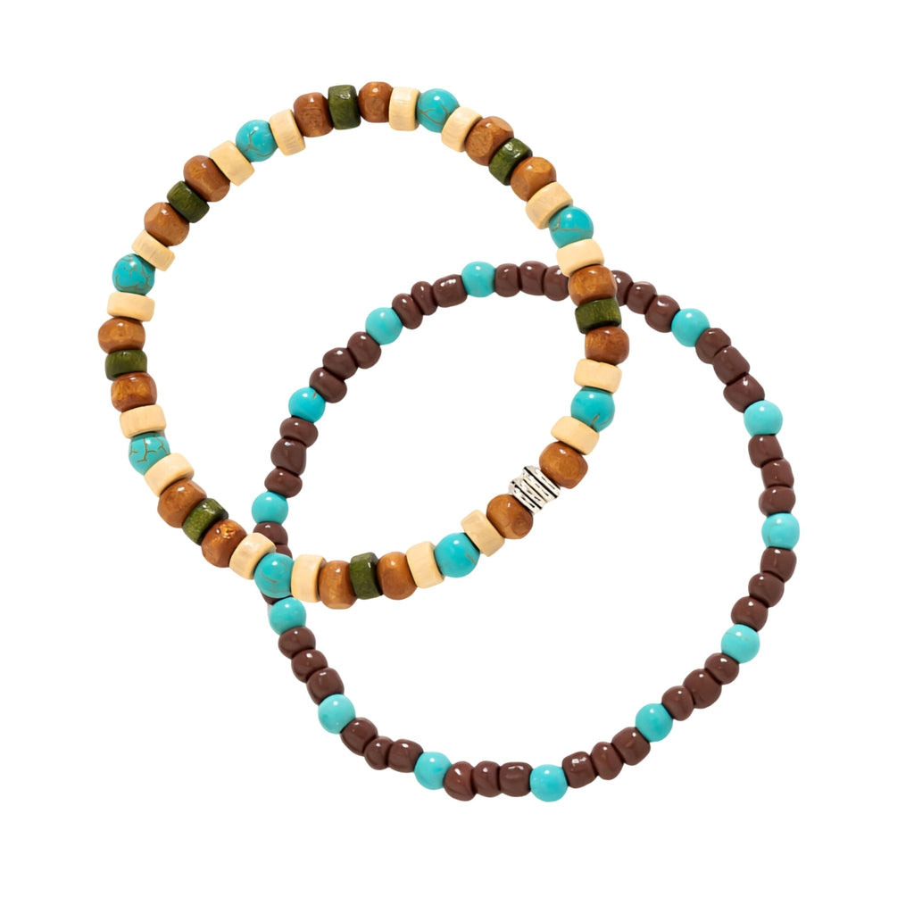 Ensemble de deux bracelets pour homme en perles bois marron, turquoise et ivoire, modèle Elon.